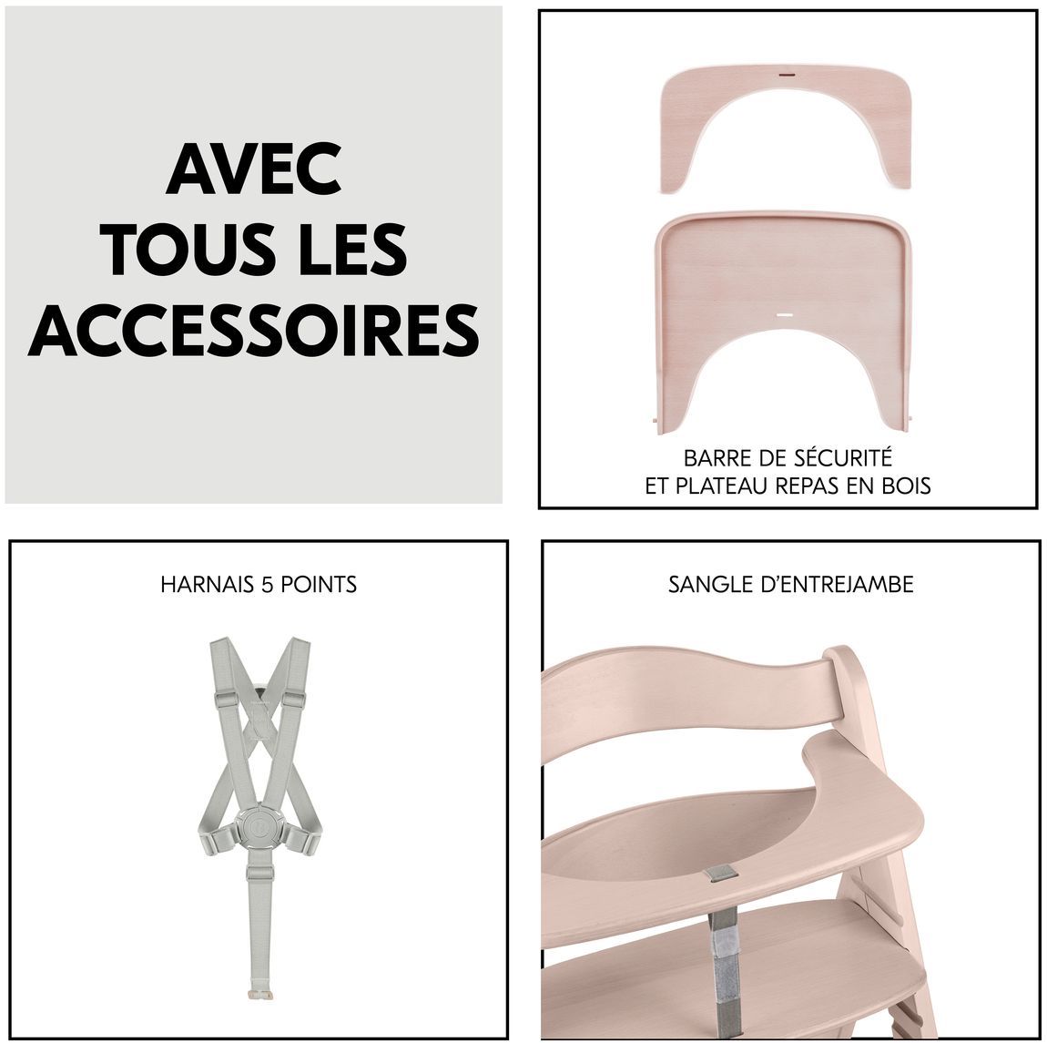 Chaise haute - HAUCK - BETA+ - Evolutive - De 6 mois a 90 kg - Bois FSC - Harnais 5 points - Roulettes - Whitewashed