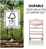 Chaise haute - HAUCK - BETA+ - Evolutive - De 6 mois a 90 kg - Bois FSC - Harnais 5 points - Roulettes - Whitewashed