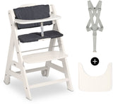 Chaise haute - HAUCK - BETA+ - Evolutive - De 6 mois a 90 kg - Bois FSC - Harnais 5 points - Roulettes - Blanc