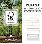 Chaise haute - HAUCK - BETA+ - Evolutive - De 6 mois a 90 kg - Bois FSC - Harnais 5 points - Roulettes - Blanc