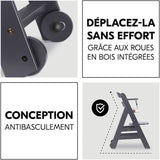 Chaise haute - HAUCK - BETA+ - Evolutive - De 6 mois a 90 kg - Bois FSC - Harnais 5 points - Roulettes - Gris