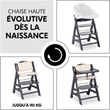 Chaise haute - HAUCK - BETA+ - Evolutive - De 6 mois a 90 kg - Bois FSC - Harnais 5 points - Roulettes - Gris
