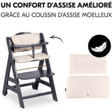 Chaise haute - HAUCK - BETA+ - Evolutive - De 6 mois a 90 kg - Bois FSC - Harnais 5 points - Roulettes - Gris