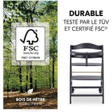 Chaise haute - HAUCK - BETA+ - Evolutive - De 6 mois a 90 kg - Bois FSC - Harnais 5 points - Roulettes - Gris