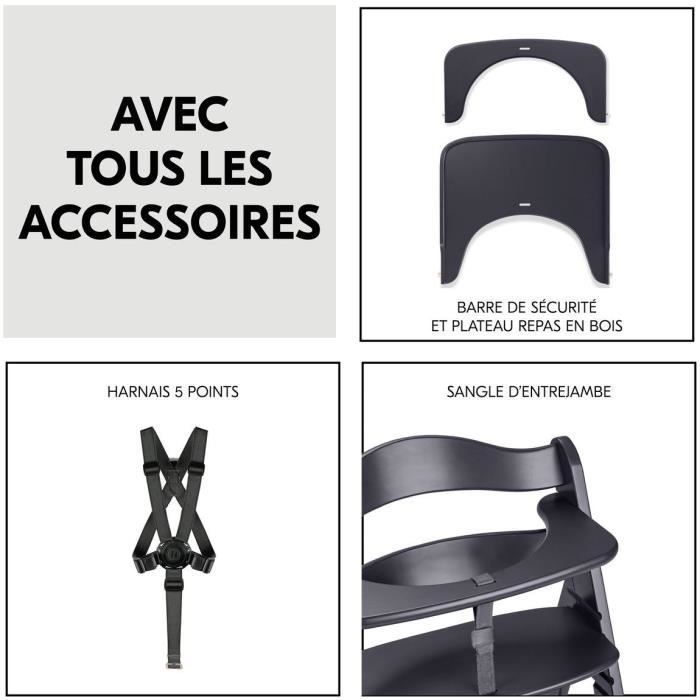 Chaise haute - HAUCK - BETA+ - Evolutive - De 6 mois a 90 kg - Bois FSC - Harnais 5 points - Roulettes - Gris