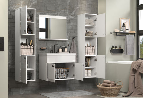 Salle de bain complete - Blanc brillant - 2 colonnes a suspendre + Meuble vasque + miroir - HAVEN