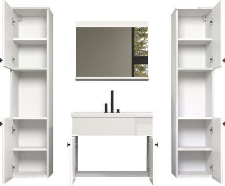 Salle de bain complete - Blanc brillant - 2 colonnes a suspendre + Meuble vasque + miroir - HAVEN