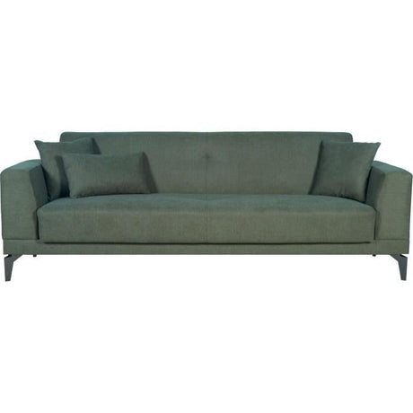 Canapé convertible 3 places  - HENRY - Tissu vert foncé - 3 coussins - coffre de rangement -  234 x 85 x 84 cm