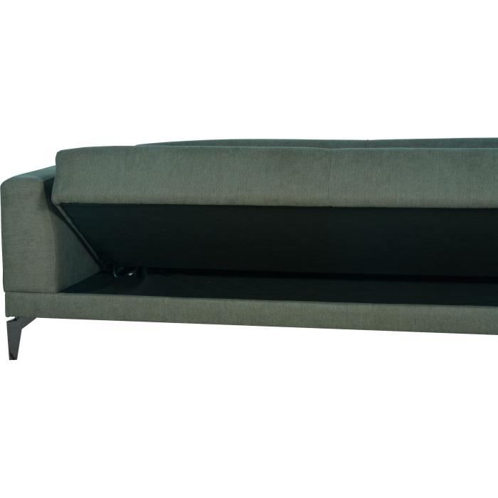 Canapé convertible 3 places  - HENRY - Tissu vert foncé - 3 coussins - coffre de rangement -  234 x 85 x 84 cm