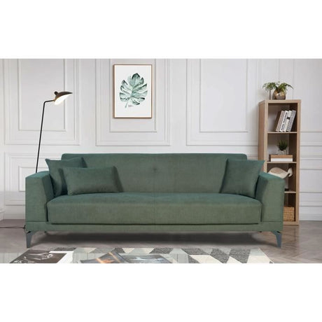 Canapé convertible 3 places  - HENRY - Tissu vert foncé - 3 coussins - coffre de rangement -  234 x 85 x 84 cm