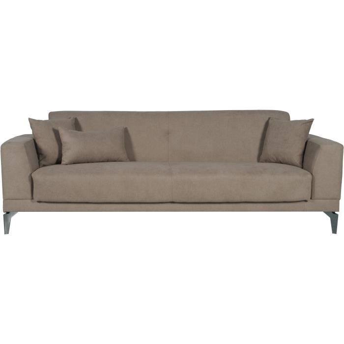 Canapé convertible 3 places  - HENRY - Tissu marron - 3 coussins - coffre de rangement -  234 x 85 x 84 cm