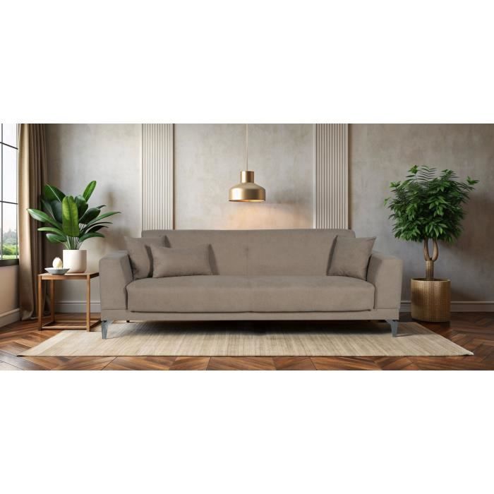 Canapé convertible 3 places  - HENRY - Tissu marron - 3 coussins - coffre de rangement -  234 x 85 x 84 cm