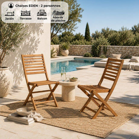Lot de 2 chaises de jardin pliantes - EDEN - Bois Eucalyptus FSC - 57,5 x 46,5 x H90 cm