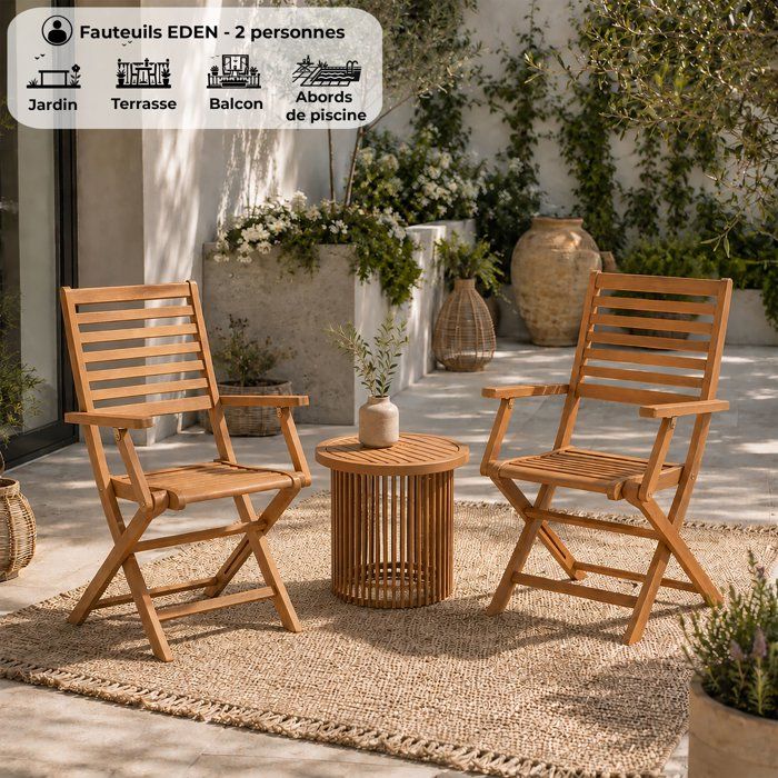 Lot de 2 fauteuils de jardin pliants - EDEN - Bois Eucalyptus FSC - 57,5 x 52,5 x H91 cm