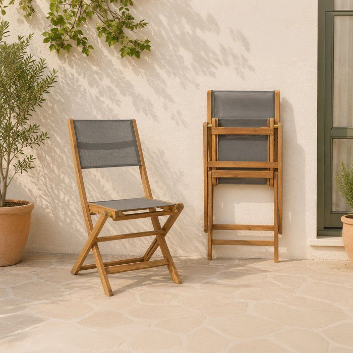Lot de 2 chaises de jardin pliantes en bois d'acacia FSC - EDEN - Assise textilene - Gris - 58 x 58 x H90 cm