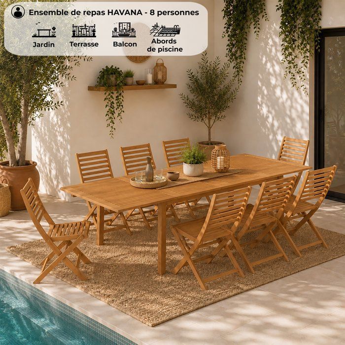Ensemble repas de jardin - HAVANA - Bois Eucalyptus FSC - Table extensible 180/230/280 x 100 cm + 8 chaises - 8 a 12 personnes