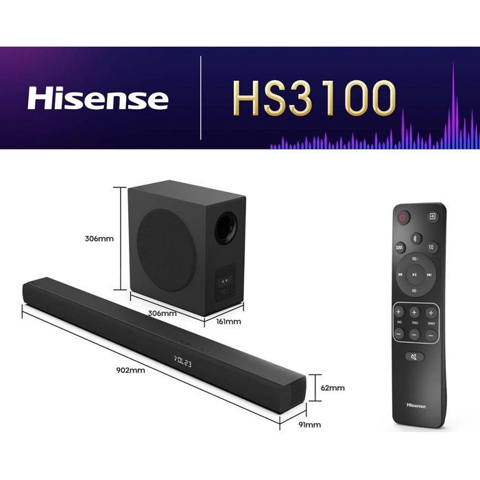 Barre de son - HISENSE - Caisson de basses sans fil - Bluetooth - 3.1 CH - Max 480 W