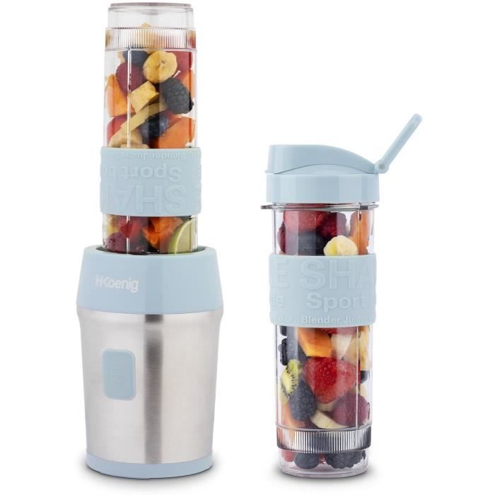 Mini blender - H.KoeNIG - SMOO16 - 300 W - 570 mL - Bleu pastel - 2 gourdes incluses - Sans BPA
