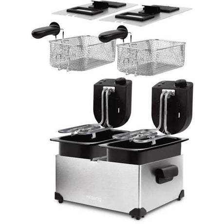 Friteuse HKoeNIG - DFX600 - Double Cuve 2x3L - Thermostats indépendants - Paniers amovibles  - Acier inoxydable - 3600W