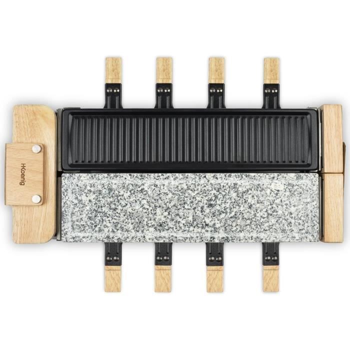 Appareil a raclette HKoeNIG - WOD360 - Jusqu'a 8 personnes - Pierre a cuire base rotative - Design bois - 1400W