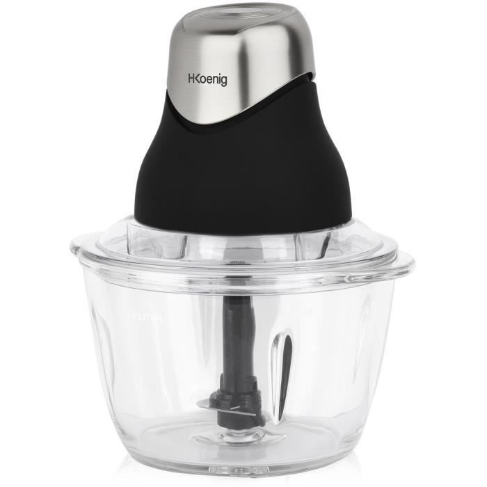 Mini hachoir électrique - H.Koenig - LEO8 - 320 W - Bol en verre 1 L - Lames en acier inoxydable - Noir mat et chrome