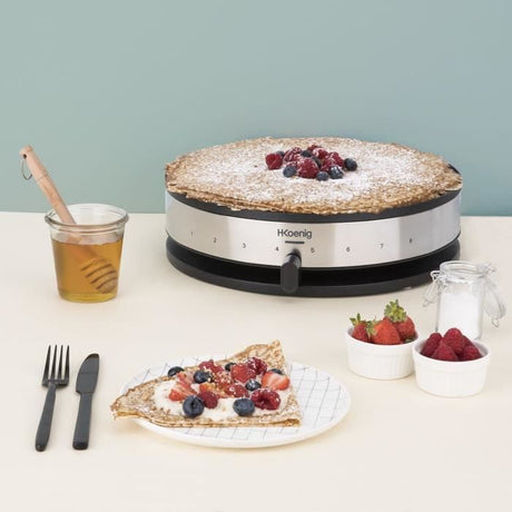 Crepiere HKoeNIG - KREP29 - Surface de cuisson 33cm - Revetement anti-adhésif - Température jusqu'a 230°C - 1300W - Bandeau Inox