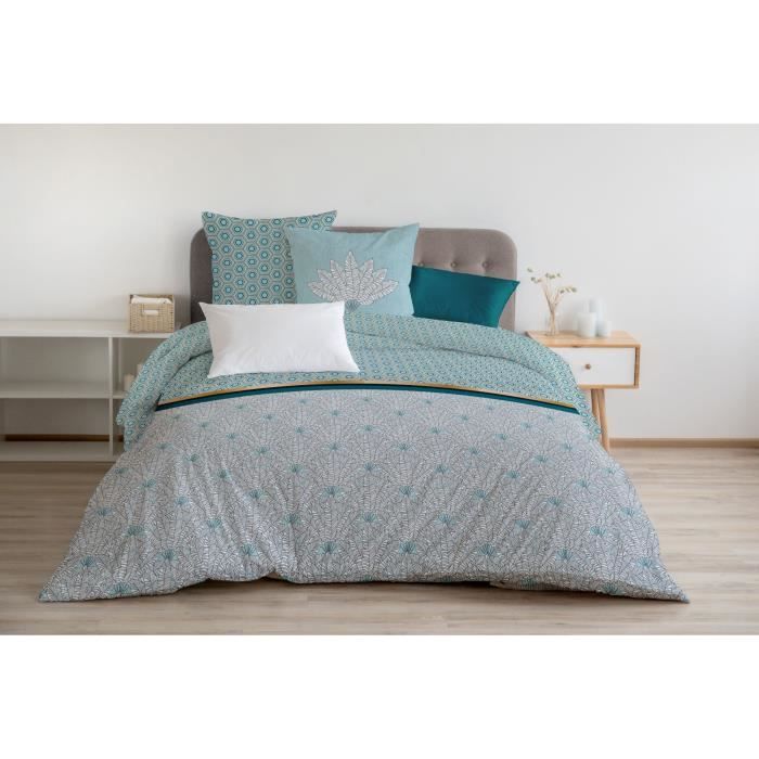 Parure de couette 240x260 cm HOME LINGE PASSION LOUXOR : Housse de couette + 2 taies d'oreiller - 100% Coton 57 Fils - Vert