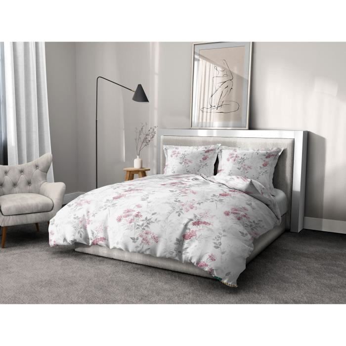 Parure de couette 240x260 cm HOME LINGE PASSION POMPADOUR : Housse de couette + 2 taies d'oreiller - 100% Coton 57 Fils - Blanc/rose