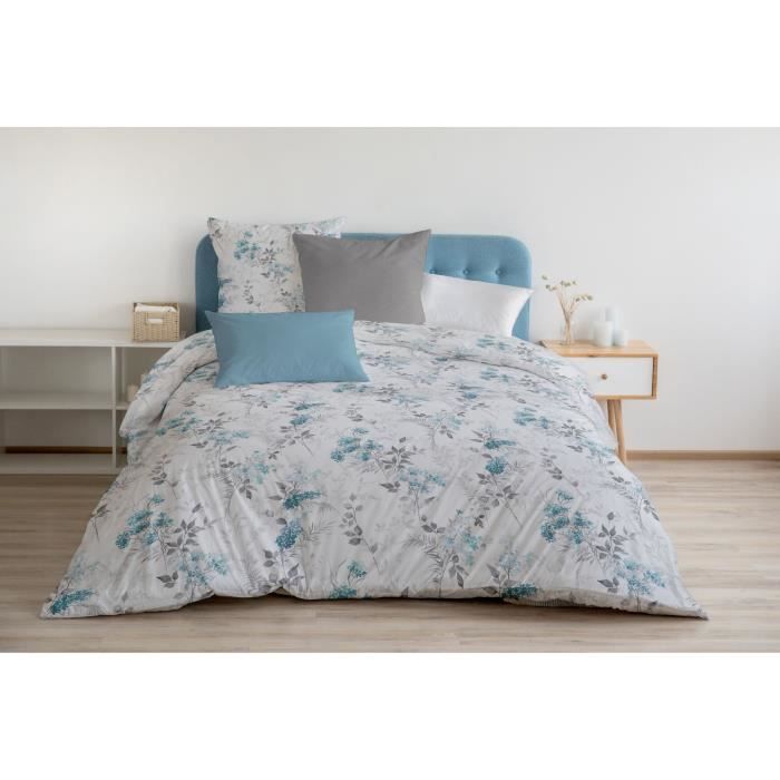 Parure de couette 220x240 cm HOME LINGE PASSION POMPADOUR : Housse de couette + 2 taies d'oreiller - 100% Coton 57 Fils - Blanc/bleu