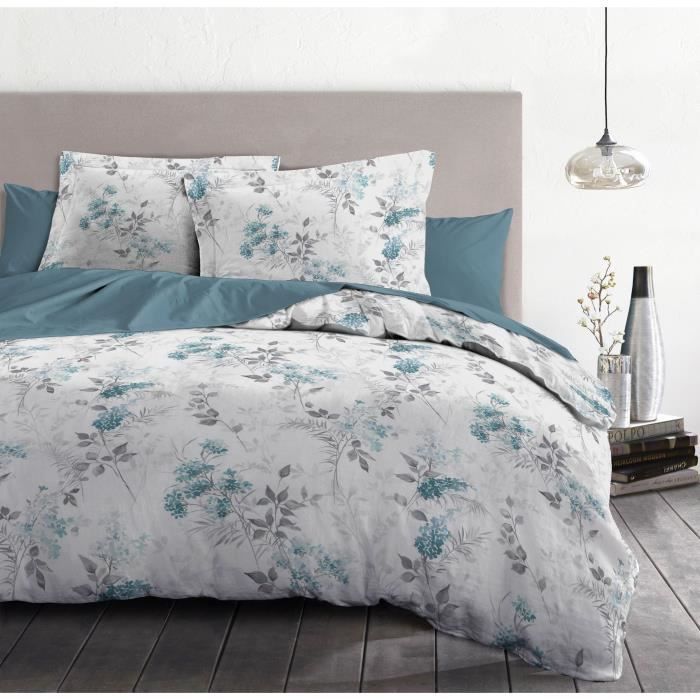 Parure de couette 240x260 cm HOME LINGE PASSION POMPADOUR : Housse de couette + 2 taies d'oreiller - 100% Coton 57 Fils - Blanc/bleu