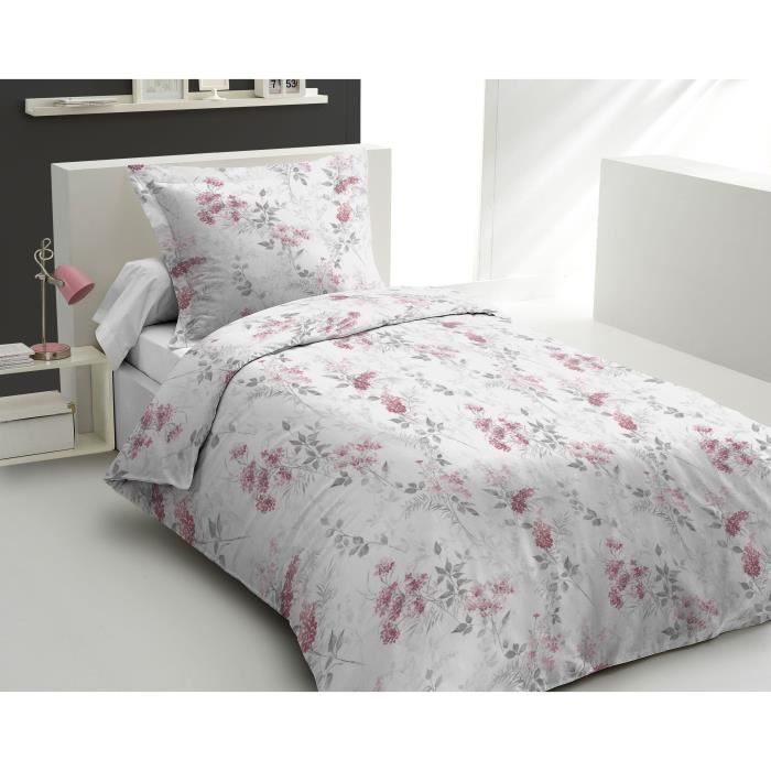 Parure de couette 140x200 cm HOME LINGE PASSION POMPADOUR : Housse de couette + 1 taie d'oreiller - 100% Coton 57 Fils - Blanc/rose