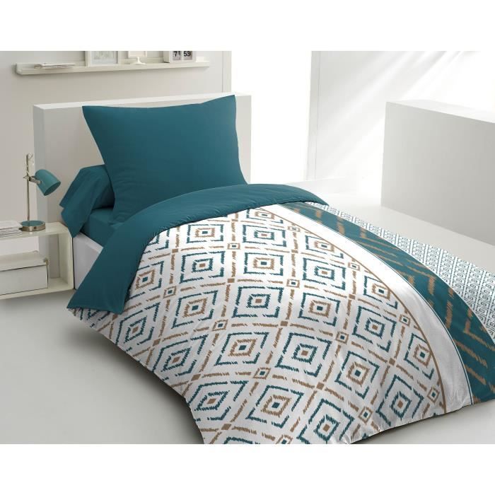 Parure de couette microfibre Ethno - 1 housse de couette 140x200 cm + 1 taie d'oreiller 63x63 cm - Bleu canard - HOME LINGE PASSION