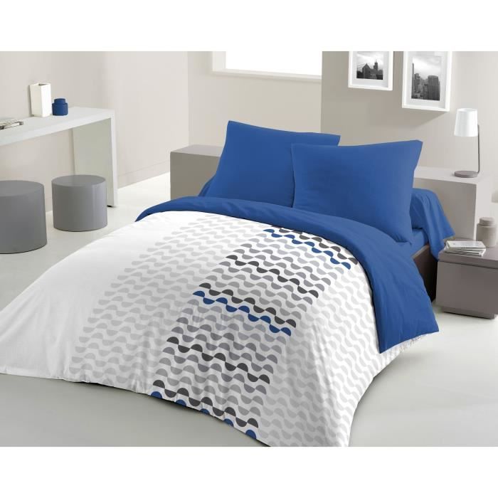 Parure de couette microfibre AMBROISIE - 1 housse de couette 220 x 240 cm + 2 taies d'oreiller 63 x 63 cm - Bleu