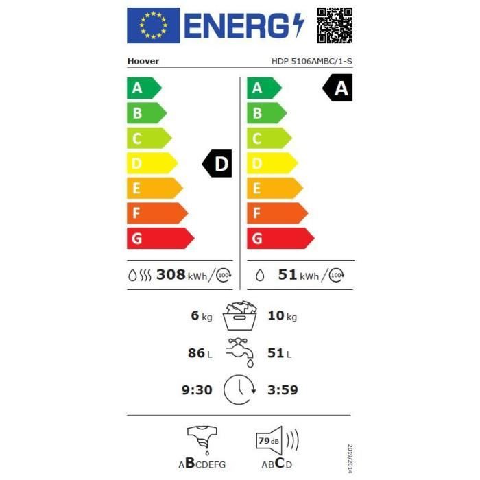 Lave-linge sÈchant HOOVER HDP5106AMBC/1-S H-Wash&Dry500 - 10 /6 kg - Induction - 1500 trs/min - Vapeur - ConnectÈ - Blanc