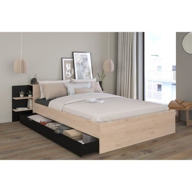 HORN Lit adulte 140 x 190 / 200 cm - Avec tiroir de rangement - Décor chene et noir – PARISOT