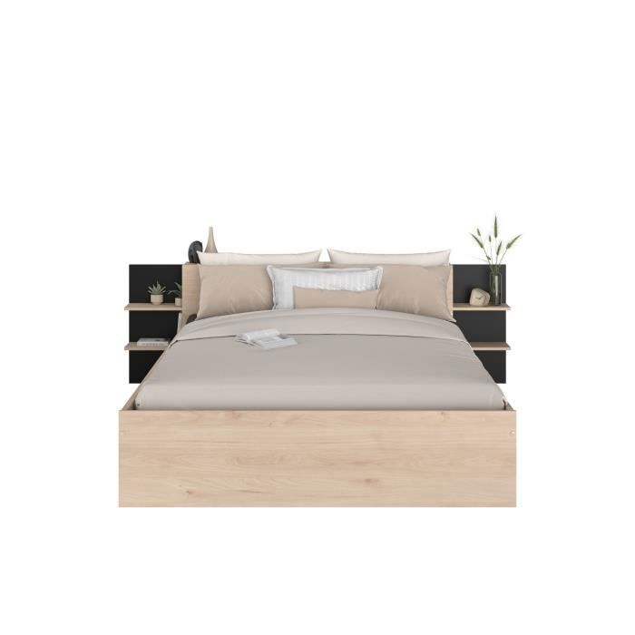 HORN Lit adulte 140 x 190 / 200 cm - Avec tiroir de rangement - Décor chene et noir  PARISOT