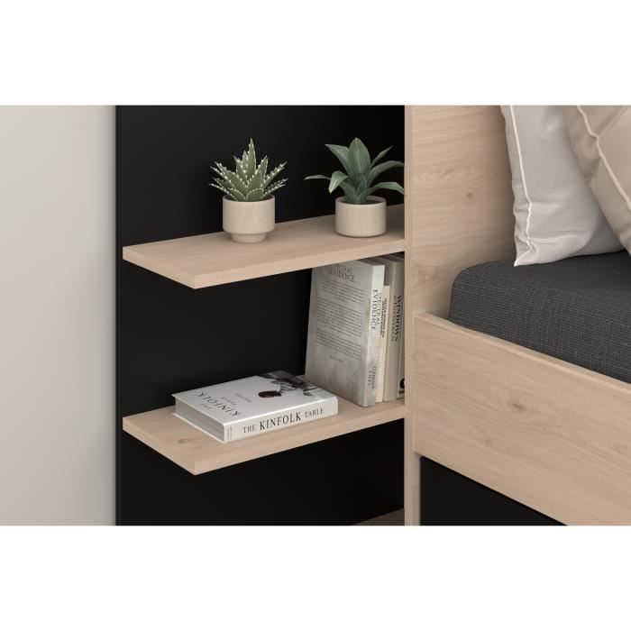 HORN Lit adulte 140 x 190 / 200 cm - Avec tiroir de rangement - Décor chene et noir  PARISOT
