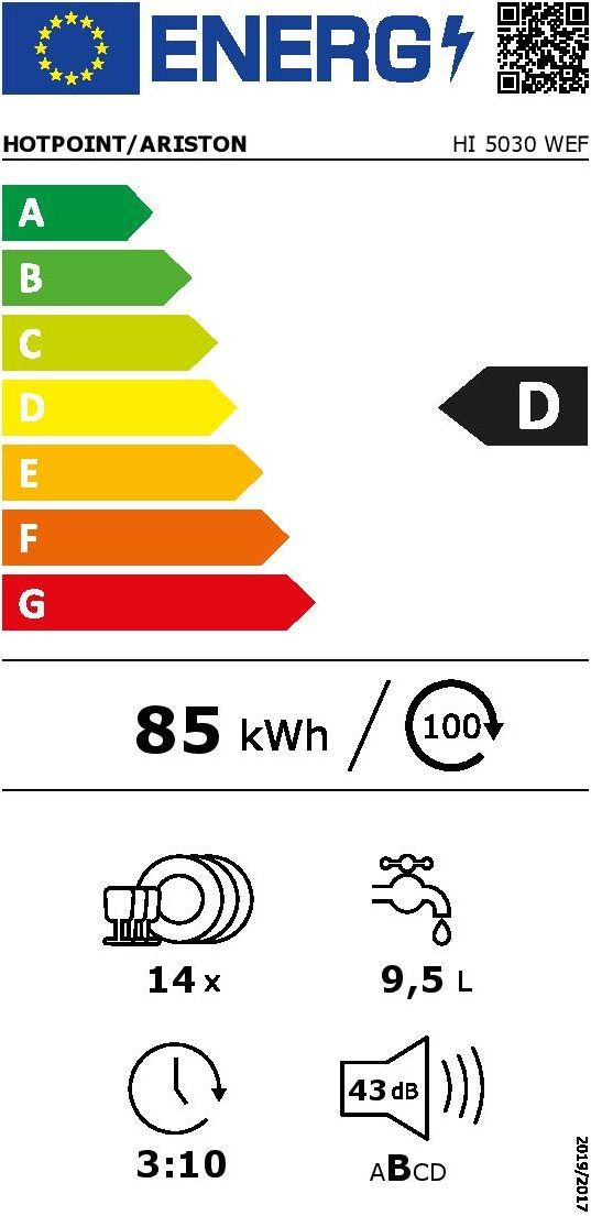 Lave-vaisselle tout encastrable HOTPOINT HI5030WEF - 14 couverts - Induction - L60cm - 43 dB - tiroir a couverts