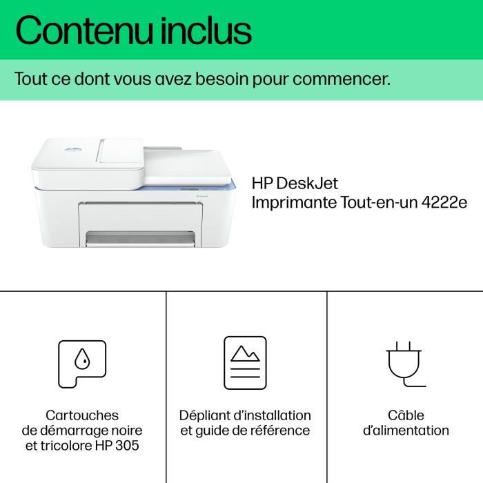 Imprimante tout-en-un HP Deskjet 4222e jet d'encre couleur Copie Scan - 3 mois d'Instant ink inclus avec HP+