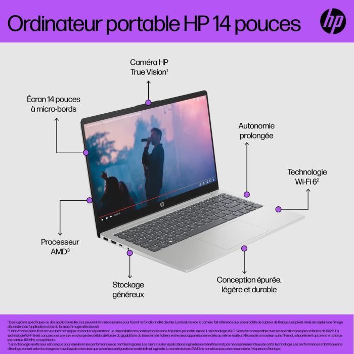 PC Portable HP 14-em0003nf -  Windows 11 - 14 FHD IPS - Ryzen 7 7730U - RAM 16Go - Stockage 1To SSD - AZERTY