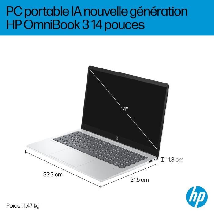 PC Portable HP Omnibook 3 14-ha0015nf - Windows 11 - 14 FHD IPS - Ryzen AI 5 340 - RAM 16Go - Stockage 512Go SSD - AZERTY