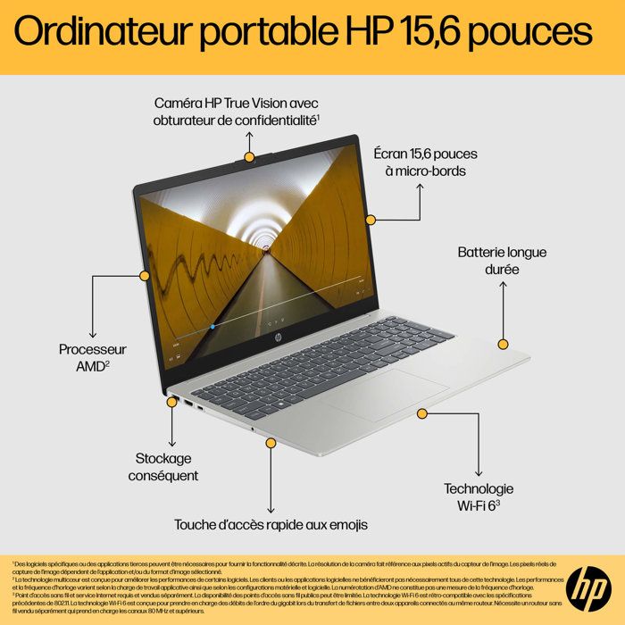 PC Portable HP 15-fc0019nf - Windows 11 - 15,6 FHD IPS - Ryzen 7 7730U - RAM 16Go - Stockage 1To SSD - AZERTY