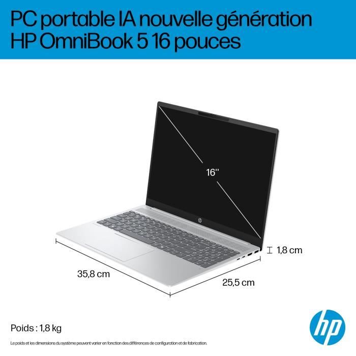 PC Portable HP Omnibook 5 16-ba1014nf - Windows 11 - 16 2K IPS - Core i5-1334U - RAM 16Go - Stockage 512Go SSD - AZERTY