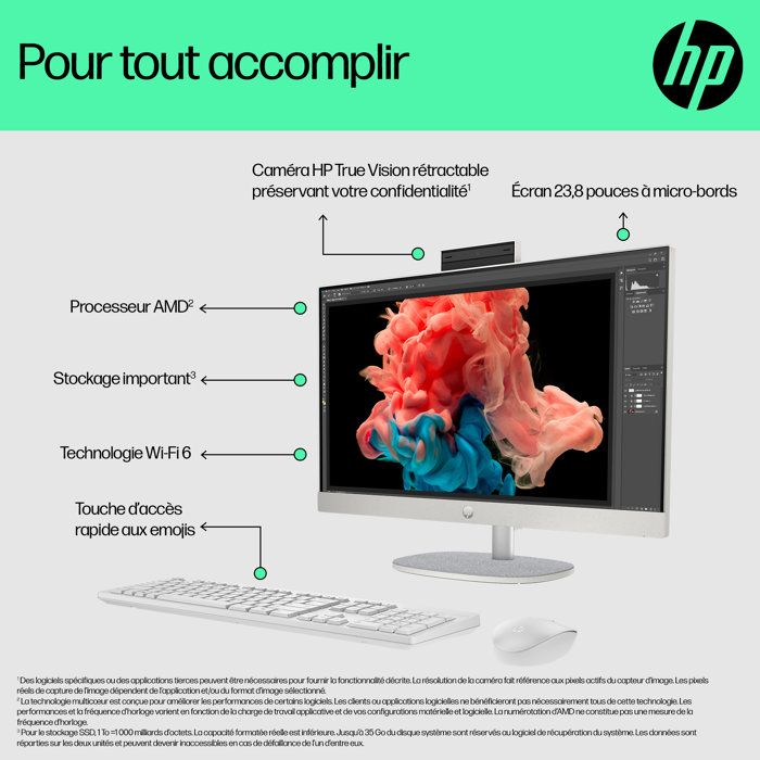PC Tout-en-un HP 24-cr0090nf - Windows 11 - 23,8 FHD IPS - Ryzen 5 7520U - RAM 16Go - 512Go SSD - Clavier et souris sans fil