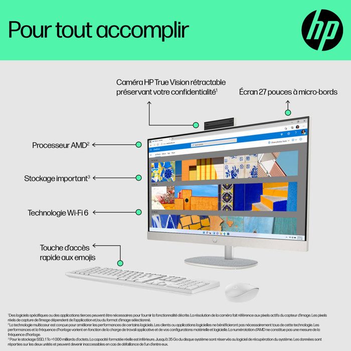 PC Tout-en-un HP 27-cr0076nf - Windows 11 - 27 FHD IPS - Ryzen 7 7730U - RAM 16Go - Stockage 512Go SSD - Clavier et souris sans fil