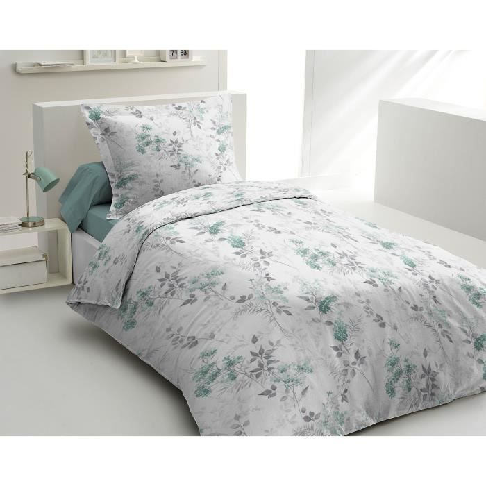 Parure de couette 140x200 cm HOME LINGE PASSION POMPADOUR : Housse de couette + 1 taie d'oreiller - 100% Coton 57 Fils - Vert