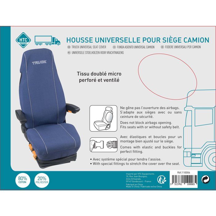 Housse universelle HTC EQUIPEMENTS pour siege de camion matelasse bleu avec le logo TRUCK 80% coton 20% polyester
