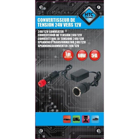 Convertisseur 24V vers 12V - HTC TECHNIC- Puissance maximale 5A  60W avec câble 1M