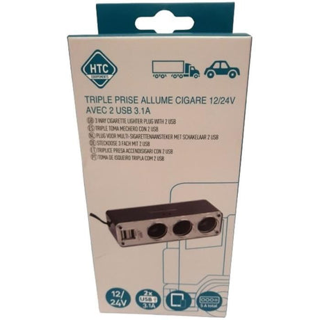 Triple prise allume cigare 12V/24V - HTC EQUIPEMENTS - avec 2 USB-A 3.1A - Puissance 5A total