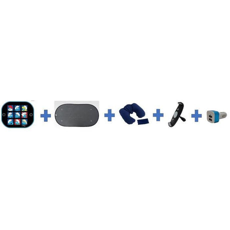 Pack  DEPART EN VACANCES HTC EQUIPEMENTS 5 pcs comprend: 2 pare soleil- support tablette - coussin cale nuque- prise allume cigare